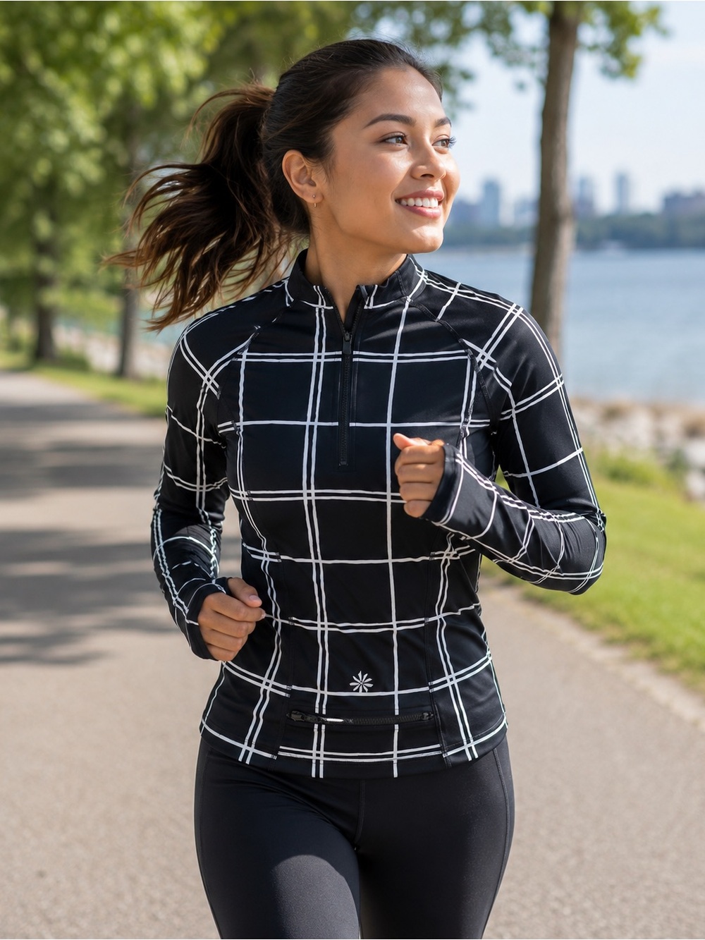 Athleta Black Windowpane Long Sleeve Zip Pullover with front zip pocket S